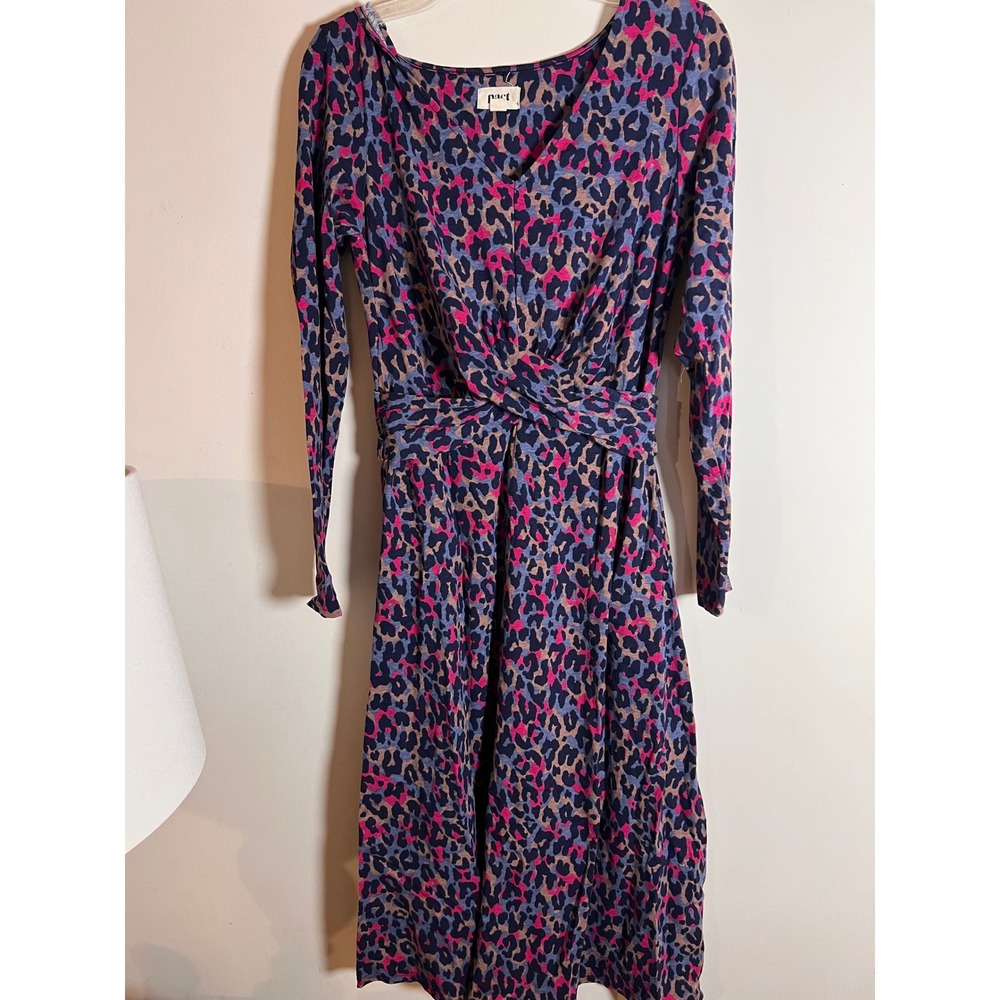 Pact Organic Cotton Twist Front Animal Print Long Sleeve Midi Dress Pink Blue M